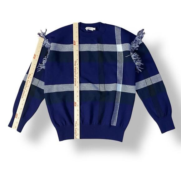 Tory Burch Gwen Sweater Blue and White Checked with Fringe Size Small - Picture 4 of 7